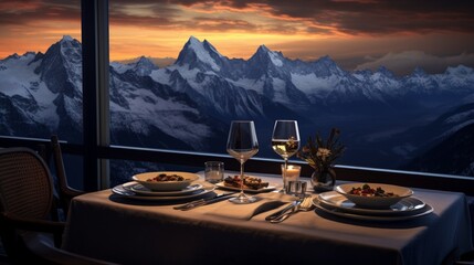 A mountaintop dinner with a majestic view of snow-capped peaks. - obrazy, fototapety, plakaty