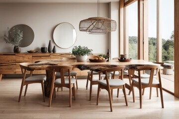 Interior home design of modern dining room with rustic tree trunk edged wooden chairs and tables with wooden furniture by the window