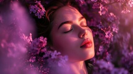A woman with a radiant, ethereal glow, surrounded by a sea of purple blooms, her eyes closed in blissful contentment.