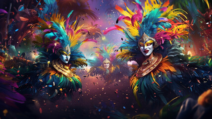 Colorful carnival masks on a dark background. 3d rendering generativa IA