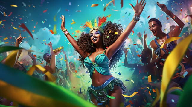 Cheerful african american woman dancing with confetti around her generativa IA