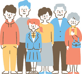 記念撮影をしている仲良し6人家族_色