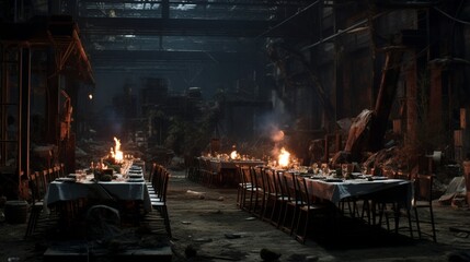 A post-apocalyptic dinner setting in a reclaimed industrial space. - obrazy, fototapety, plakaty