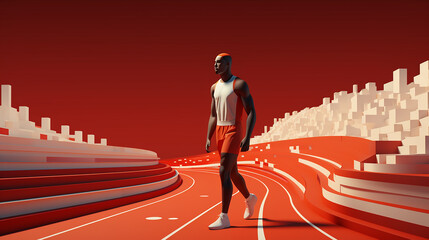A depiction of a track athlete ready at the start line paper cut style with a 3D rendered stadium
