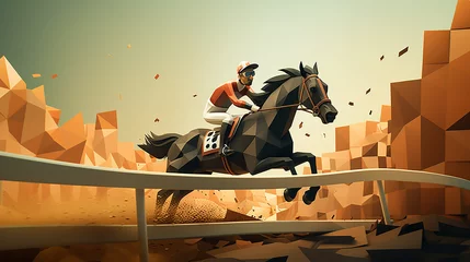 Poster A cut paper horse and jockey race towards 3D rendered finish line emphasizing speed and competition © pjdesign
