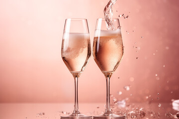 two glasses of champagne on pink background. Valentines day. AI Generated