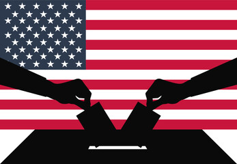 Vector USA voting scene: two hands casting ballots into a voting box, set against the backdrop of the American flag, symbolizing participation in United States of America elections