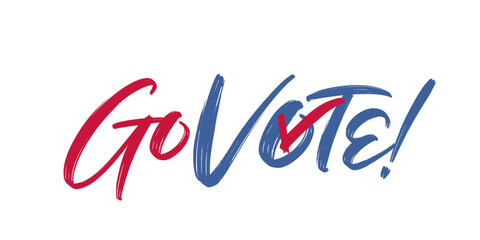Go Vote! text in vector calligraphy for 2024 United States of America Presidential election. Brush text with USA flag colors and checkmark in 'Vote' symbolizing voting.