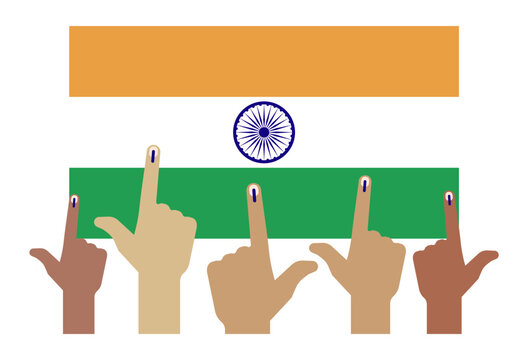 Indian election banner. multiple inked index fingers raised, representing voter participation, with India flag background. Vector flat icon style design