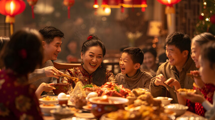 multi-generational Chinese family gathered around a large dining table filled with traditional festive dishes - obrazy, fototapety, plakaty