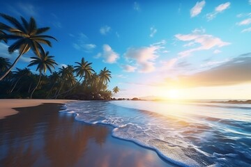 Fototapeta na wymiar Tropical beach at sunset with palm trees. Beautiful nature background