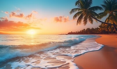 Fototapeta na wymiar Tropical beach with palm trees at sunset. Seascape