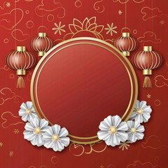 red Chinese new year frame. Chinese Banner Background. Chinese frame with lanterns on traditional red background with copy space. Happy Chinese new year. 