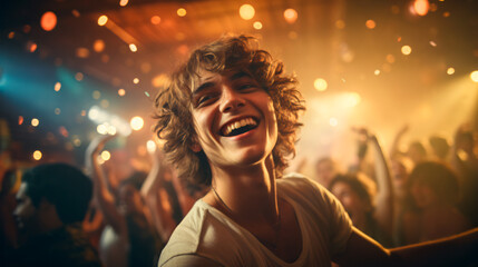 Fototapeta premium 20s white man having fun in a club, with people partying on the background. 