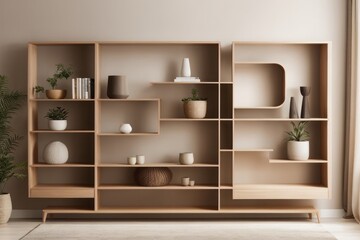 Interior home design of living room with wooden shelving bookcase