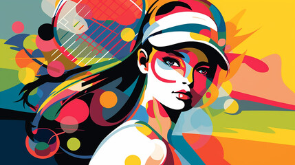 A 60s pop style of a female tennis player, the groovy colors and shapes echoing fashion of the era