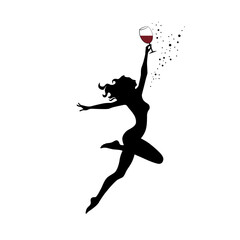 Kobieta tańcząca z kieliszkiem czerwonego wina. Miłośnik wina. Wektorowa ilustracja. - obrazy, fototapety, plakaty