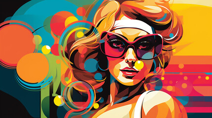 A 60s pop style of a female tennis player, the groovy colors and shapes echoing fashion of the era - obrazy, fototapety, plakaty