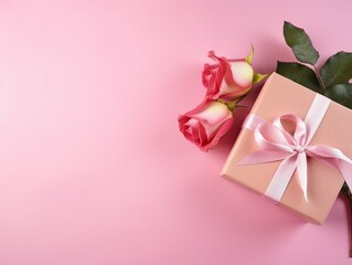 Top view of pink rose and gift box