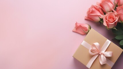 Top view of pink rose and gift box