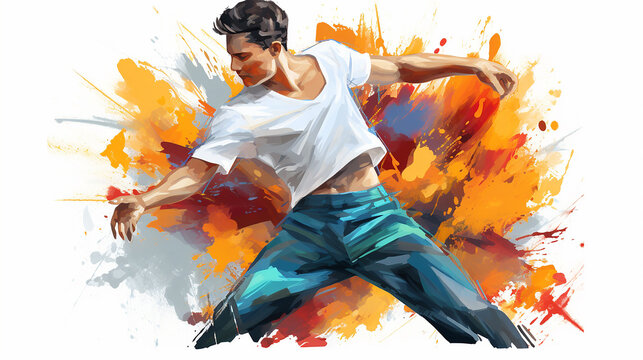 A watercolor style image of a Latinx dancer performing a salsa move, fluidity of the dance mirrored