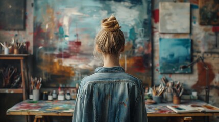 Fototapeta premium Back view woman Artist painting artwork at workspace.