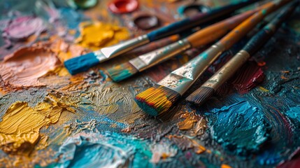 Obraz premium Artistic Tools Engaging visuals showcasing essential tools of the trade, including brushes, palette, and paints, embodying the artistic journey and creative process