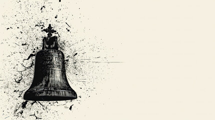  A minimalistic bell design splashed with black ink, creating a stark and artistic representation of freedom and history.