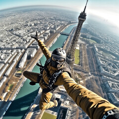 A man jumping in parachute near the Eiffel tower