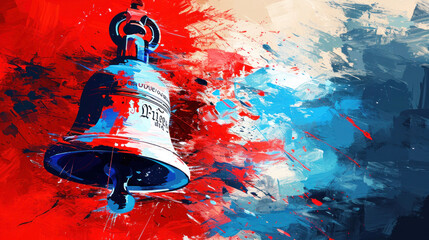 An artistic representation of a bell with red and blue splatters, conveying a message of historical significance and contemporary style.