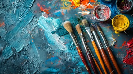 Artistic Tools Engaging visuals showcasing essential tools of the trade, including brushes, palette, and paints, embodying the artistic journey and creative process