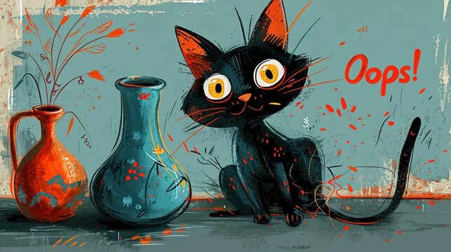  A whimsical illustration of a black cat with wide eyes, sitting next to a vase, with the word "Oops!" hinting at a playful mishap just occurred.