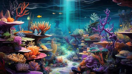 A bioluminescent coral reef teeming with colorful underwater life
