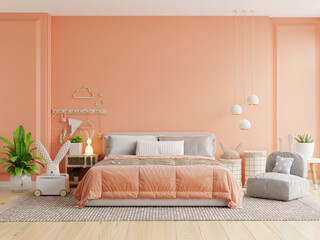 Bedroom in pastel tone peach fuzz color wall,Mock up wall in the children's room