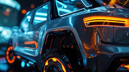 A techsavvy silver SUV with neon orange brake lights and neon blue interior stitching - obrazy, fototapety, plakaty