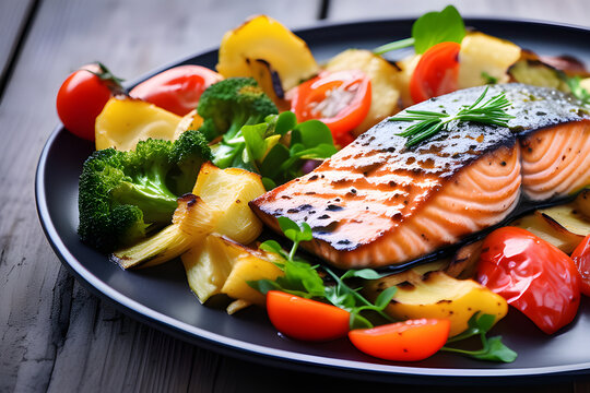 Healthy and delicious! Grilled savory salmon with vegetables generative ai