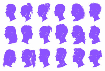 Vector simple silhouettes or icons of many people, woman and man facing each other relationship, conversation, gender
