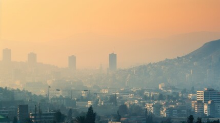 Fototapeta premium The smog hangs low over the city, obscuring buildings and monuments in a blanket of pollution.