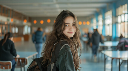 Young student girl look at camera in campus