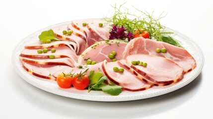 An exquisite display of ham medallions, skillfully arranged and garnished with vibrant herbs and es, creating an inviting symphony of aromas that captivate the senses.