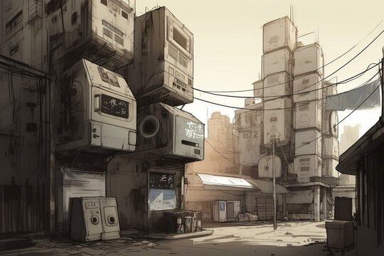 Illustration of destitute machines in a futuristic abandoned urban area. Generative AI