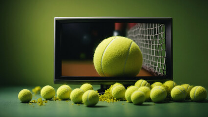 Tennis ball on a TV screen. Minimal abstract sport and competition concept. With copy space.