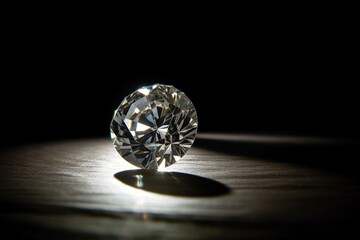 A beautiful diamond resting on a table against a dark background. Generative AI