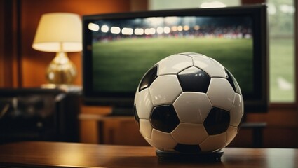 Football or soccer ball in front of a TV screen. Minimal abstract sport and competition concept. With copy space.