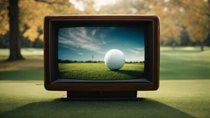 Golf ball on a retro TV screen. Minimal abstract sport and competition concept. With copy space.
