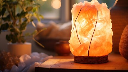 A stunning closeup shot of a Himalayan salt lamp showcasing the natural fibers intertwined within the salt crystal, offering a visually unique and organic aesthetic. - obrazy, fototapety, plakaty