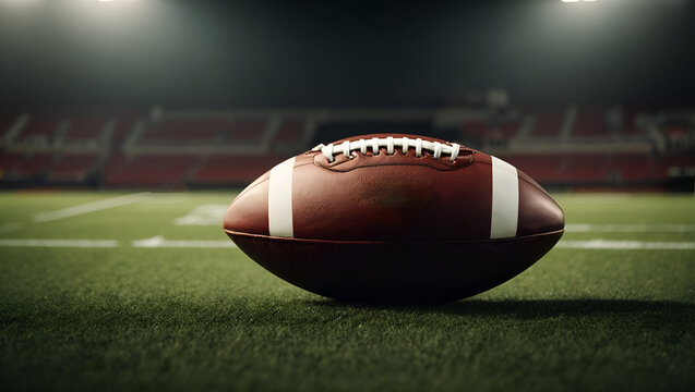 American football or rugby ball on a pitch. Minimal abstract sport and competition concept. With copy space.
