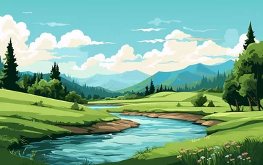Poster vector illustration of a very beautiful green landscape by the river © Harjo