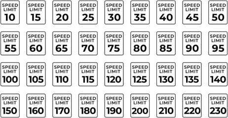 Speed limit sign set. Realistic road sign illustration. Road sign speed limit 10-230 kilometers per hour. Vector Illustration.