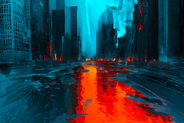 Abstract photomanipulation piece depicting city streets flooded with lava and contrasting blue & orange theme. A play on 'the floor is lava' - obrazy, fototapety, plakaty